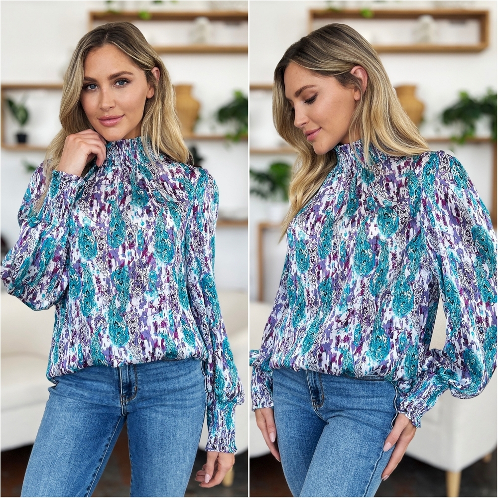 Sweet Smocked Mock Neck Blouse - Blue